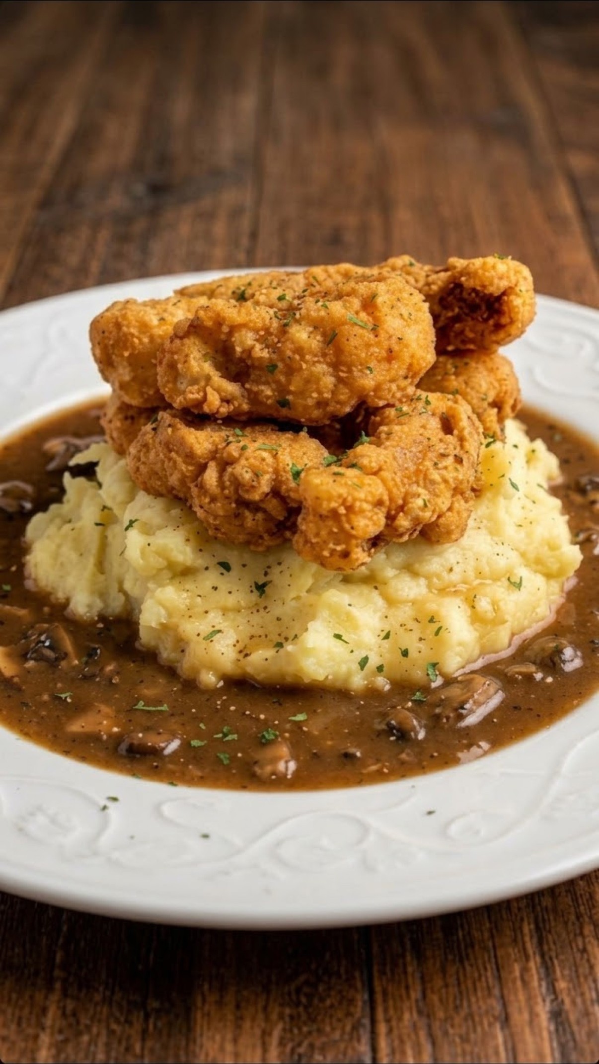 "Chicken"-Fried Cauliflower Steak with Mashed Potatoes & Mushroom Gravy